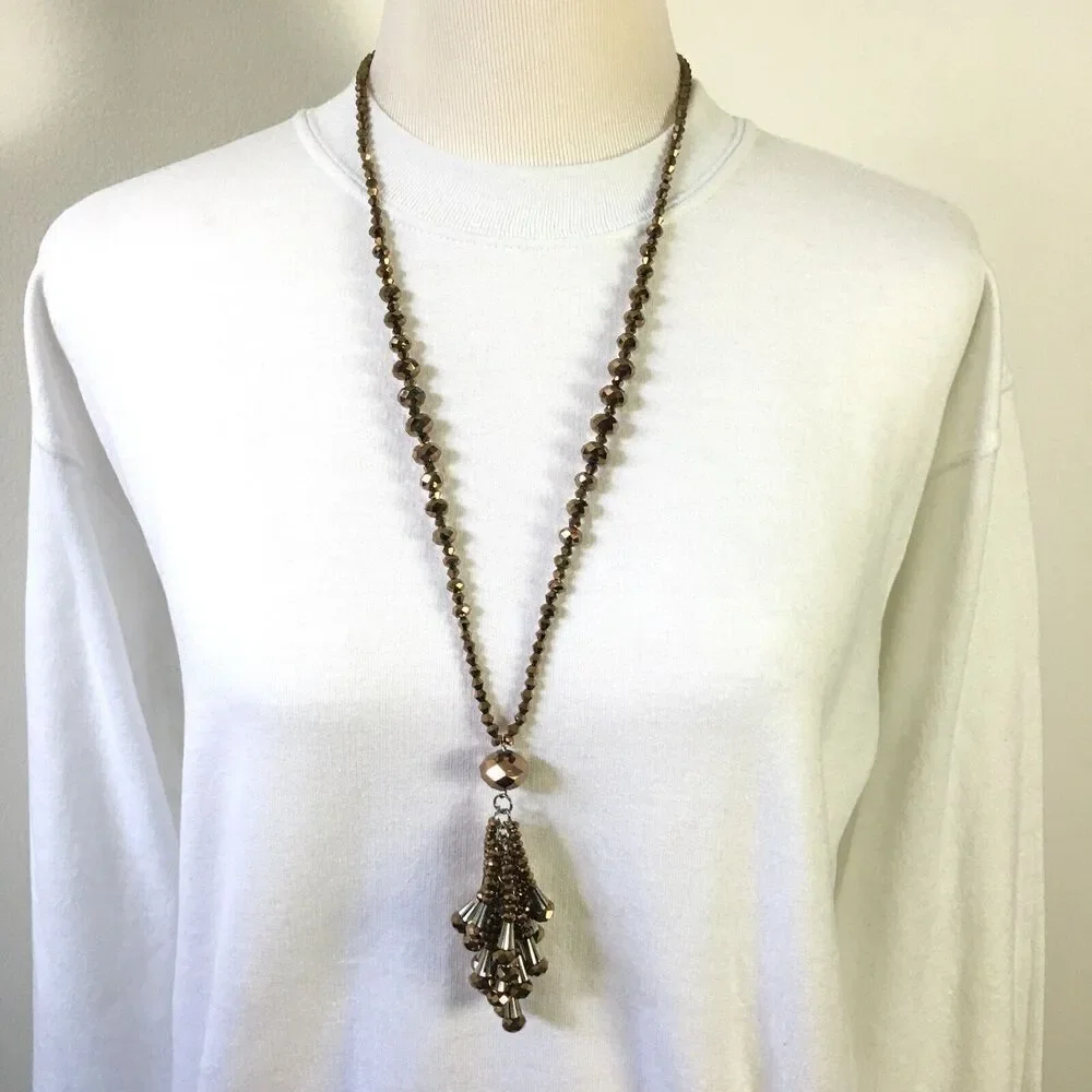 Handmade Tassel Necklace 33in Bronze Metallic Coated Glass Beads